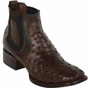 Mens Short Brown Ostrich Leather Boots Square Toe