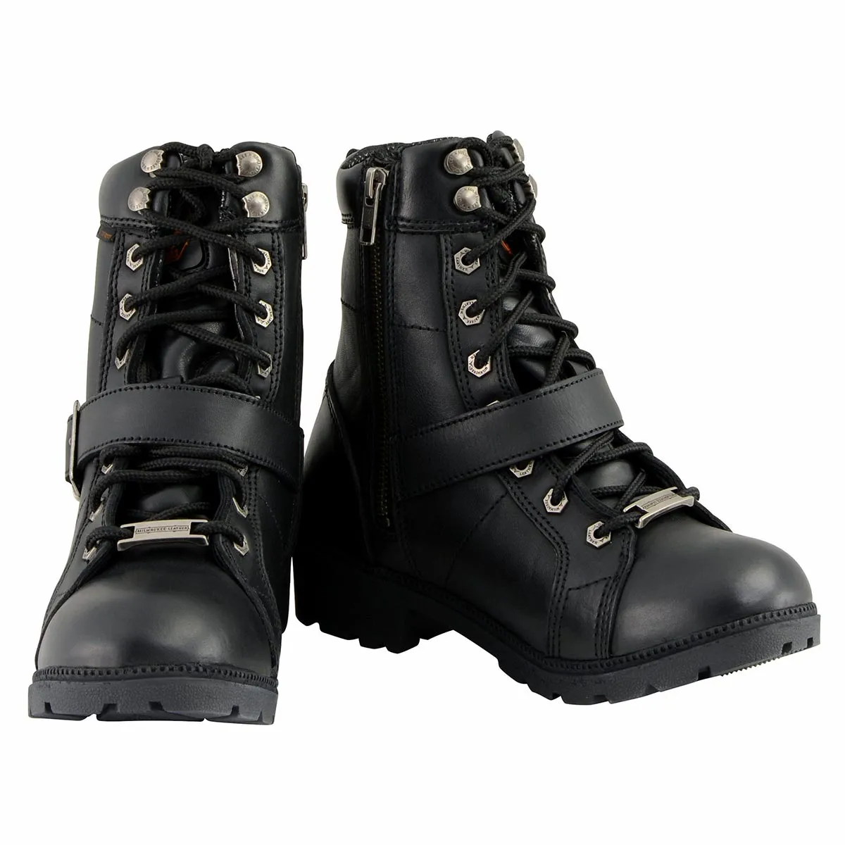 Milwaukee Leather MBL9326WP Women's Black Leather Lace-Up Waterproof Motorcyle Rider Boots with Side Zippers