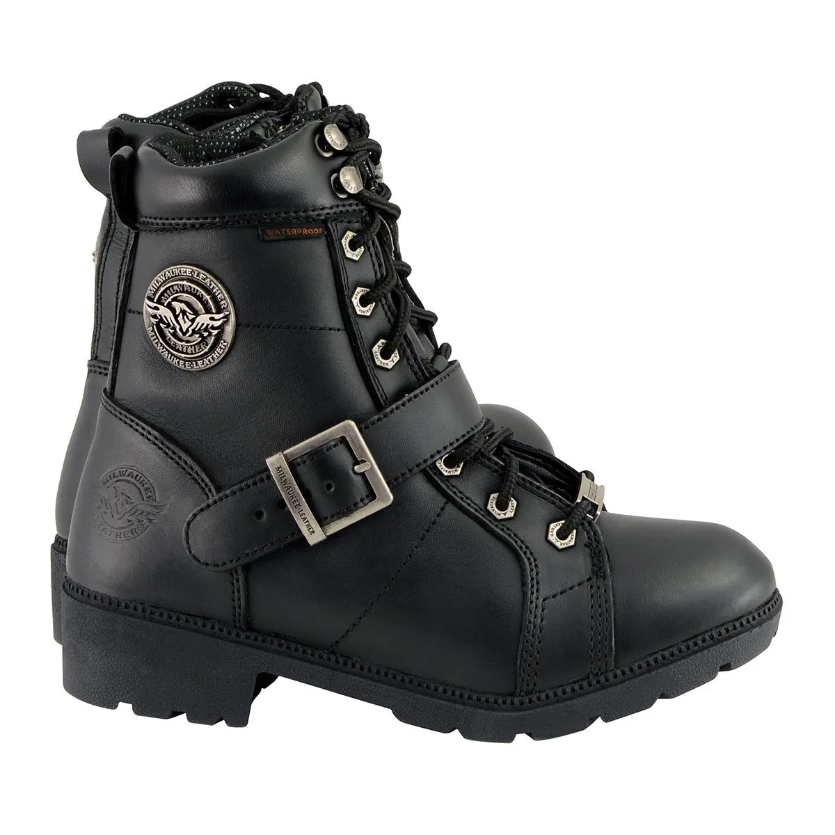 Milwaukee Leather MBL9326WP Women's Black Leather Lace-Up Waterproof Motorcyle Rider Boots with Side Zippers