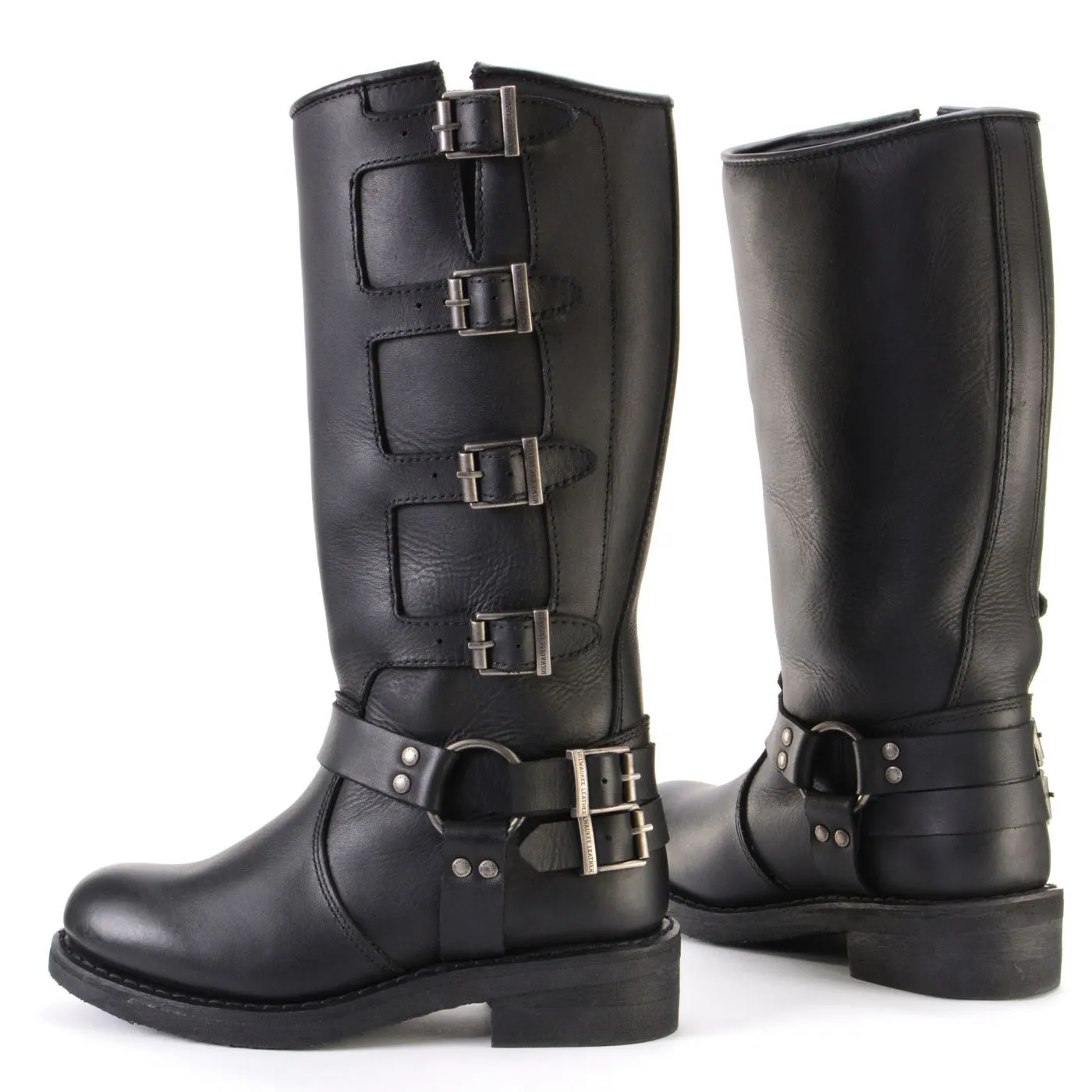 Milwaukee Leather MBL9346 Women's Tall Black Leather Harness Motorcycle Rider Boots w/ Adjustable Straps