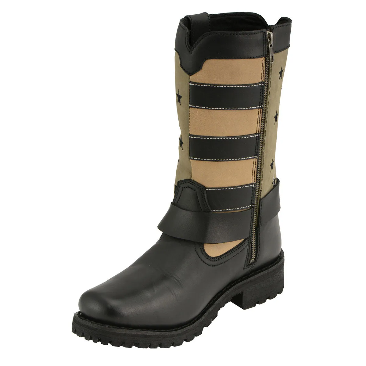 Milwaukee Leather MBL9363 Women’s ‘Stars and Stripes’ Black and Tan Leather Motorcycle Rider Harness Boots