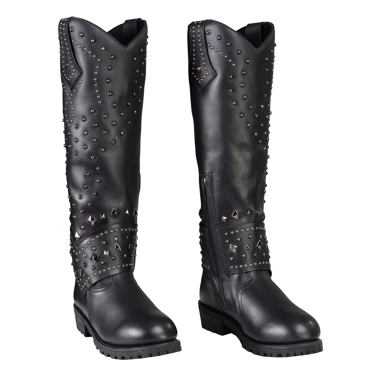 Milwaukee Leather MBL9371 Women's Black 18-Inch Leather Studded and Riveted Western Style Motorcycle Boots