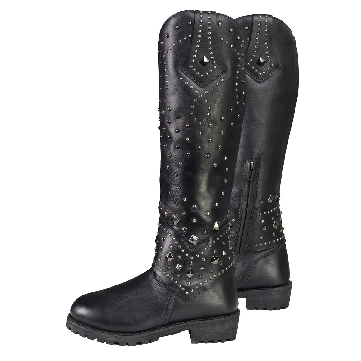 Milwaukee Leather MBL9371 Women's Black 18-Inch Leather Studded and Riveted Western Style Motorcycle Boots