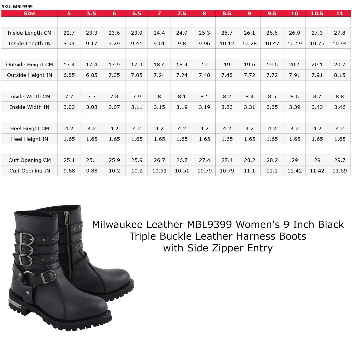 Milwaukee Leather MBL9399 Women's 9-Inch Triple Buckle Black Leather Harness Biker Boots w/ Side Zipper