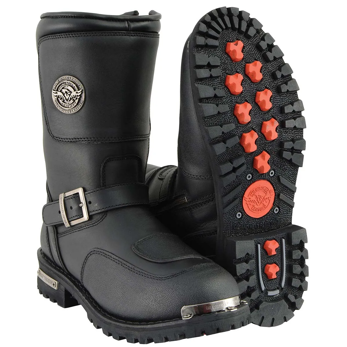 Milwaukee Leather MBM9070 Men's Black Leather Engineer Motorcycle Boots w/ Reflective Piping/Gear Shift Protection