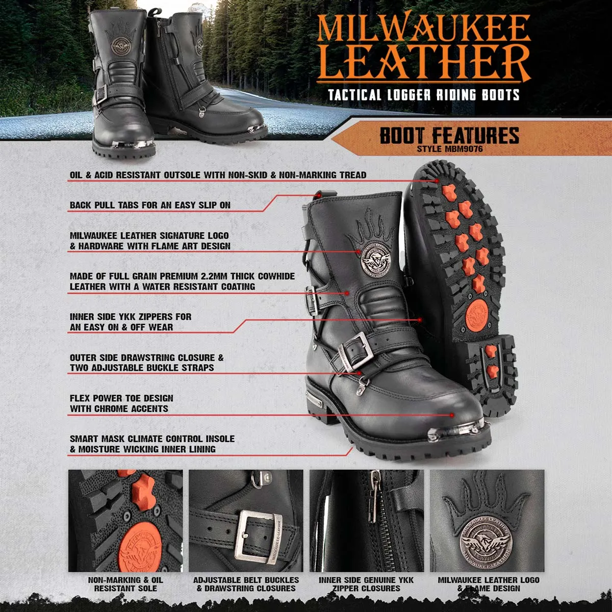 Milwaukee Leather MBM9076 Men’s Black Tactical Logger Leather Boots with Buckle Enhancement