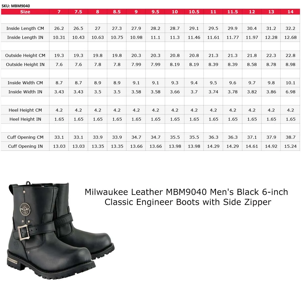 Milwaukee Leather Men's Black Leather Wide Width 6-inch Classic Engineer Motorcycle Boots w/ Side Zipper MBM9040W