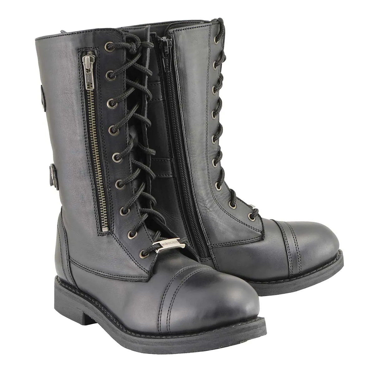 Milwaukee Leather Women's Graze Black Leather Lace-Up Motorcycle Boots with Zipper Pocket MBL9369