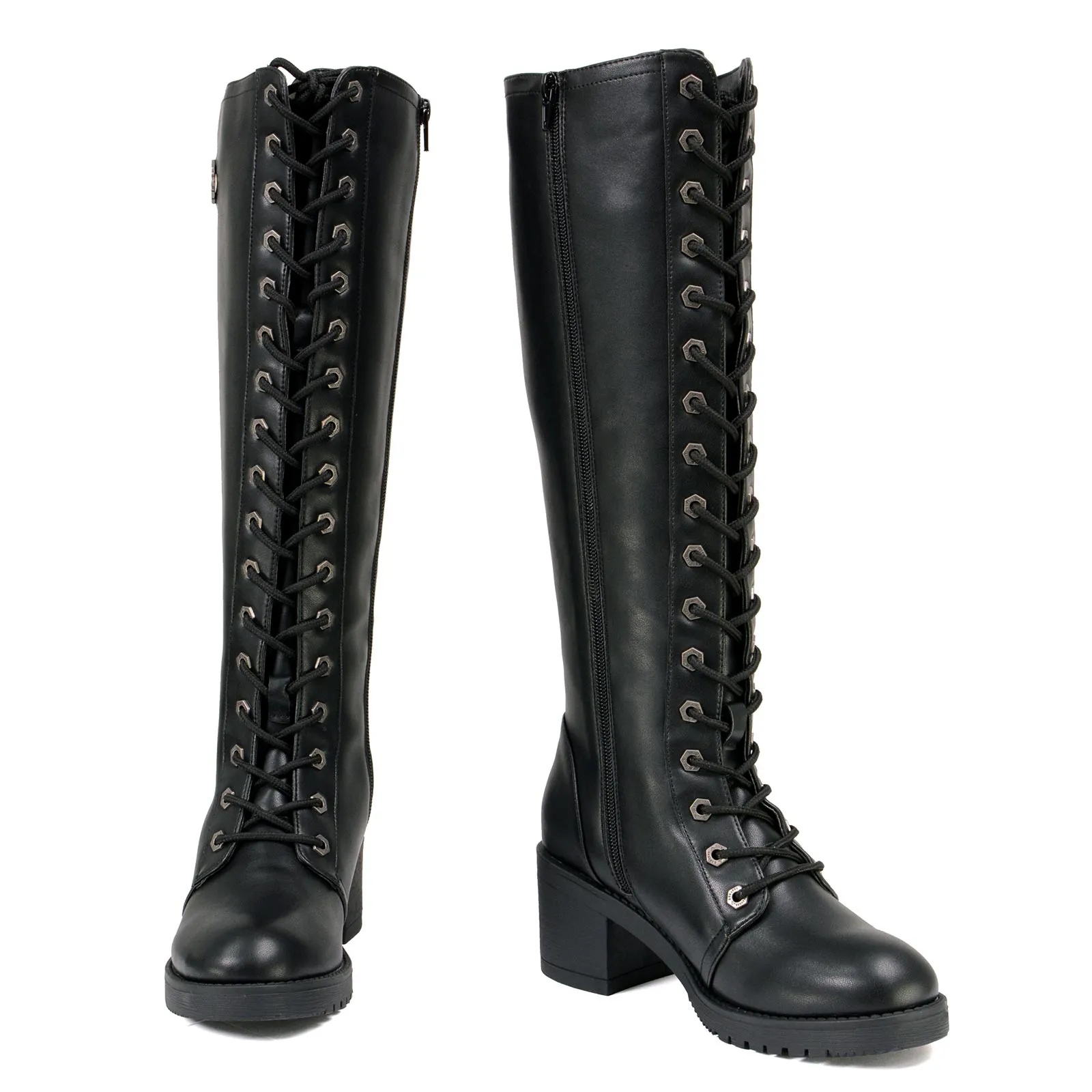 Milwaukee Leather XBL9442 Women's Black Lace-Up Tall Fashion Biker Boots with Square Heel