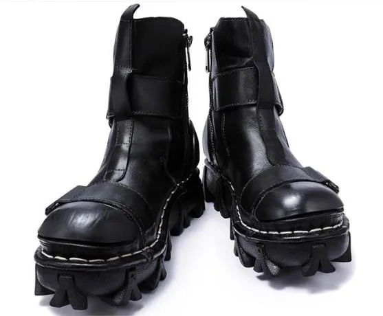 Motorcycle Biker Rock Punk Gothic Style Boots FWMB009B Cowhide Leather Black Size 37-50