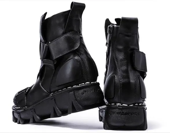 Motorcycle Biker Rock Punk Gothic Style Boots FWMB009B Cowhide Leather Black Size 37-50