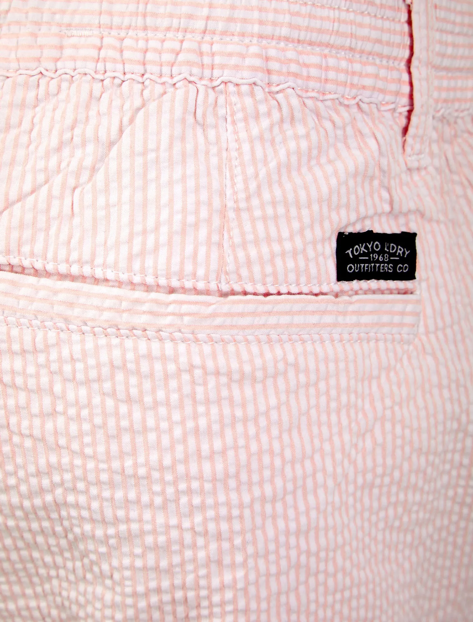 Myrtos Yarn Dyed Seersucker Stripe Cotton Chino Shorts in Pink Almond Blossom - Tokyo Laundry