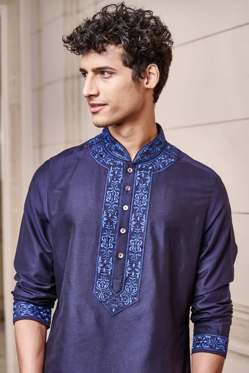 Navy Kurta Set with Embroidered Collar and Placket