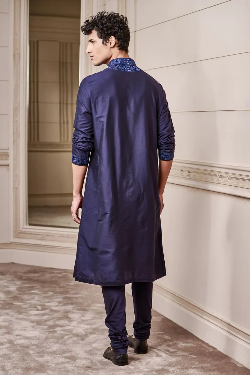 Navy Kurta Set with Embroidered Collar and Placket