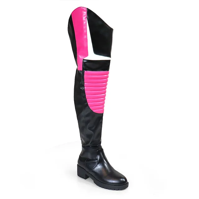 NORRIS-1 Pink/Black Faux Leather Over Knee Moto Boot  - Motorcycle Styling Detail