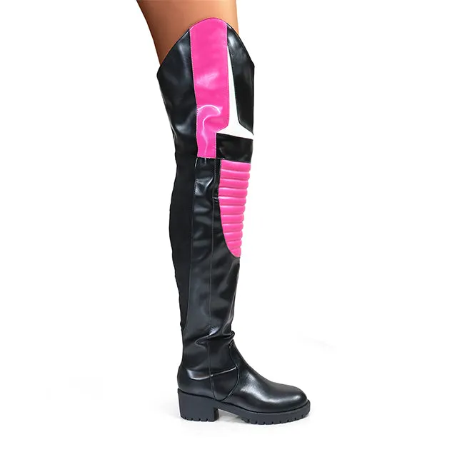 NORRIS-1 Pink/Black Faux Leather Over Knee Moto Boot  - Motorcycle Styling Detail