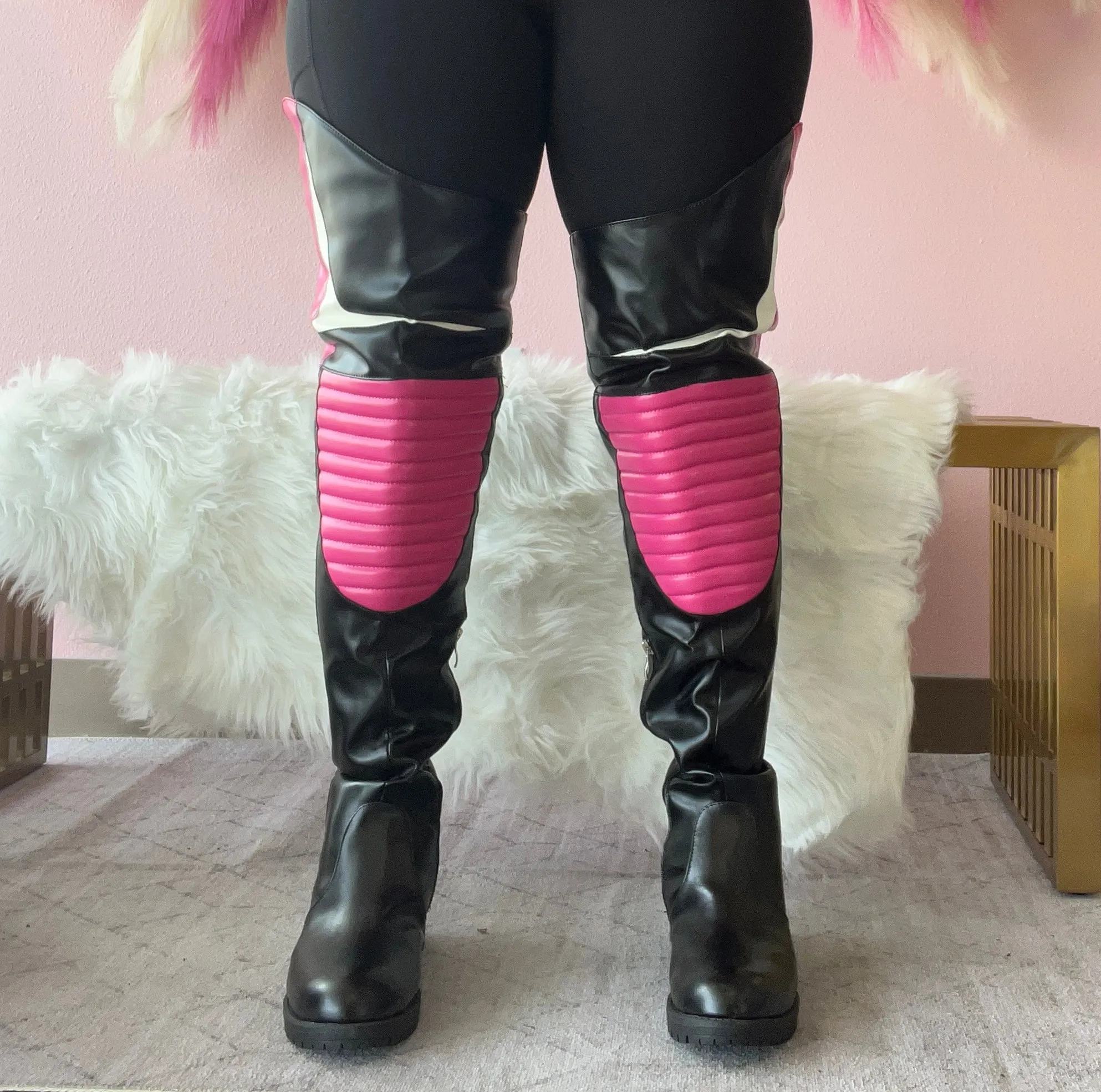 NORRIS-1 Pink/Black Faux Leather Over Knee Moto Boot  - Motorcycle Styling Detail