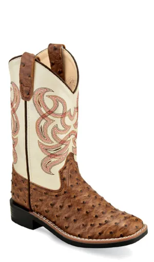 Old West Children Unisex Broad Square Toe Brown/White Faux Leather Cowboy Boots 9.5 D