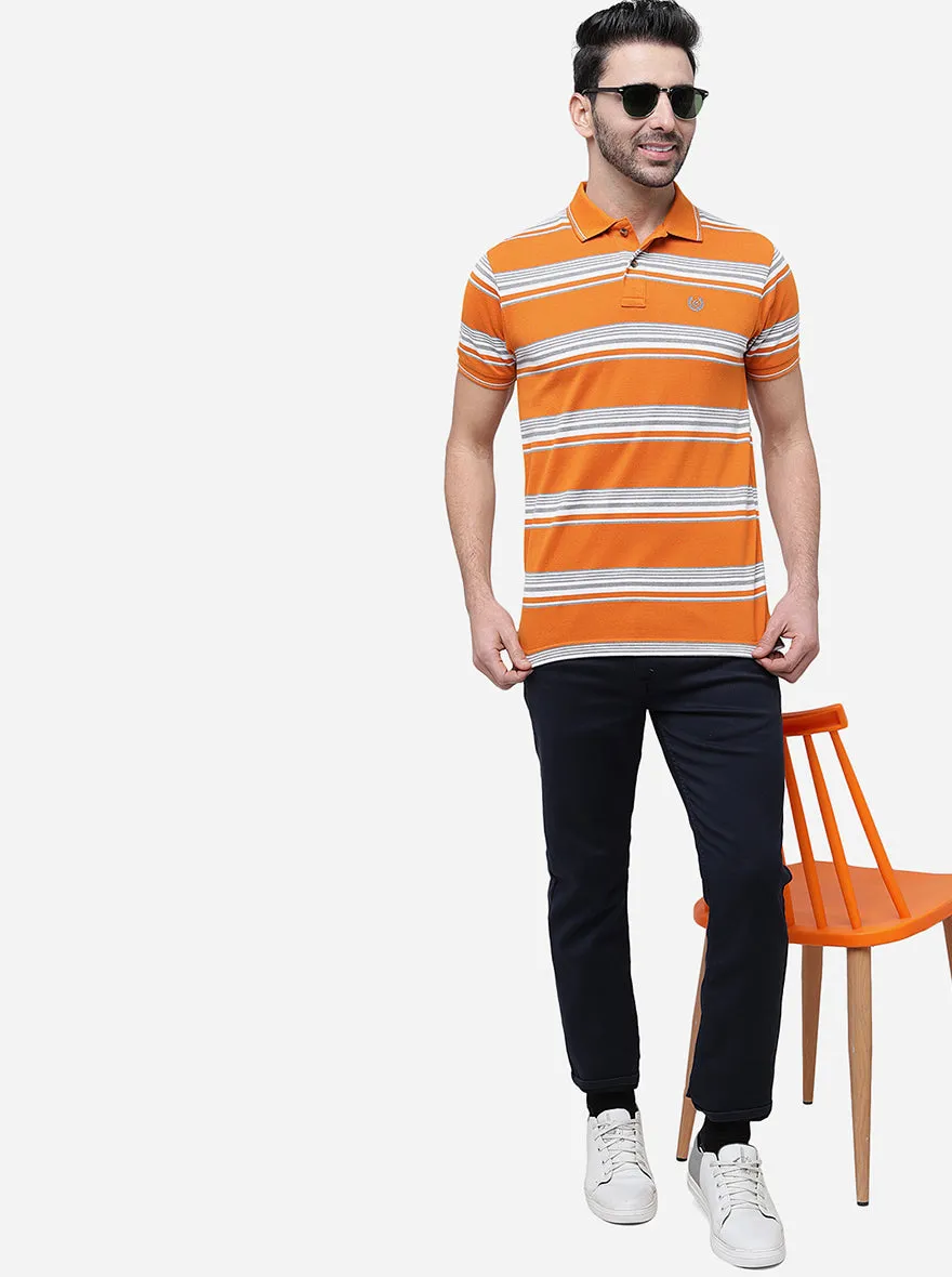 Orange & White Striped Slim Fit Polo T-Shirt | Greenfibre