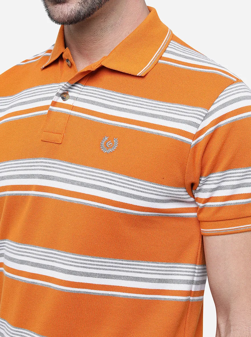 Orange & White Striped Slim Fit Polo T-Shirt | Greenfibre