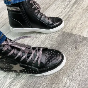 Pierre Dumas "Star Studded" High Top Side Zip Sneaker (Black and Pewter)