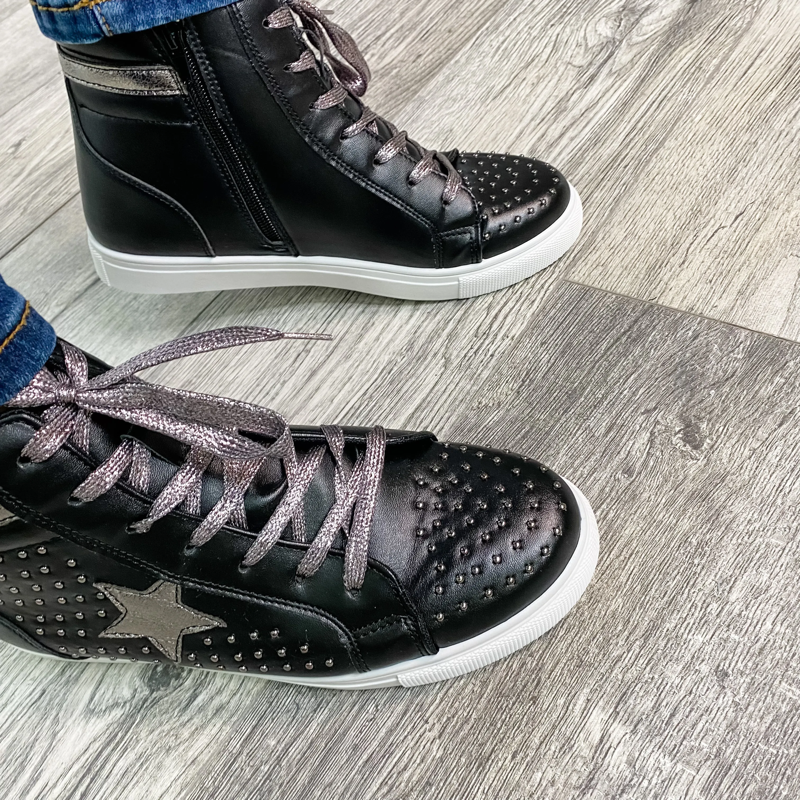 Pierre Dumas "Star Studded" High Top Side Zip Sneaker (Black and Pewter)