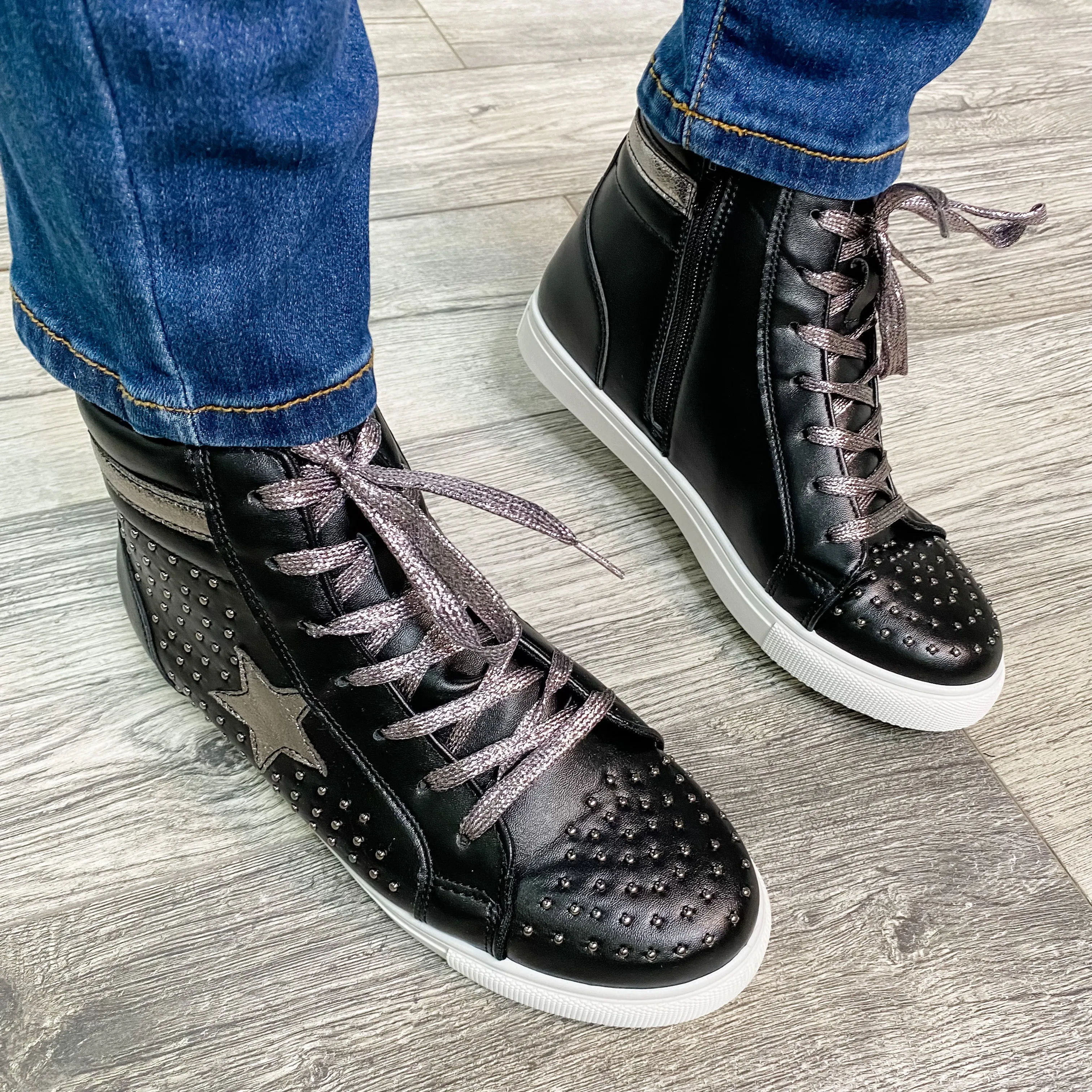 Pierre Dumas "Star Studded" High Top Side Zip Sneaker (Black and Pewter)