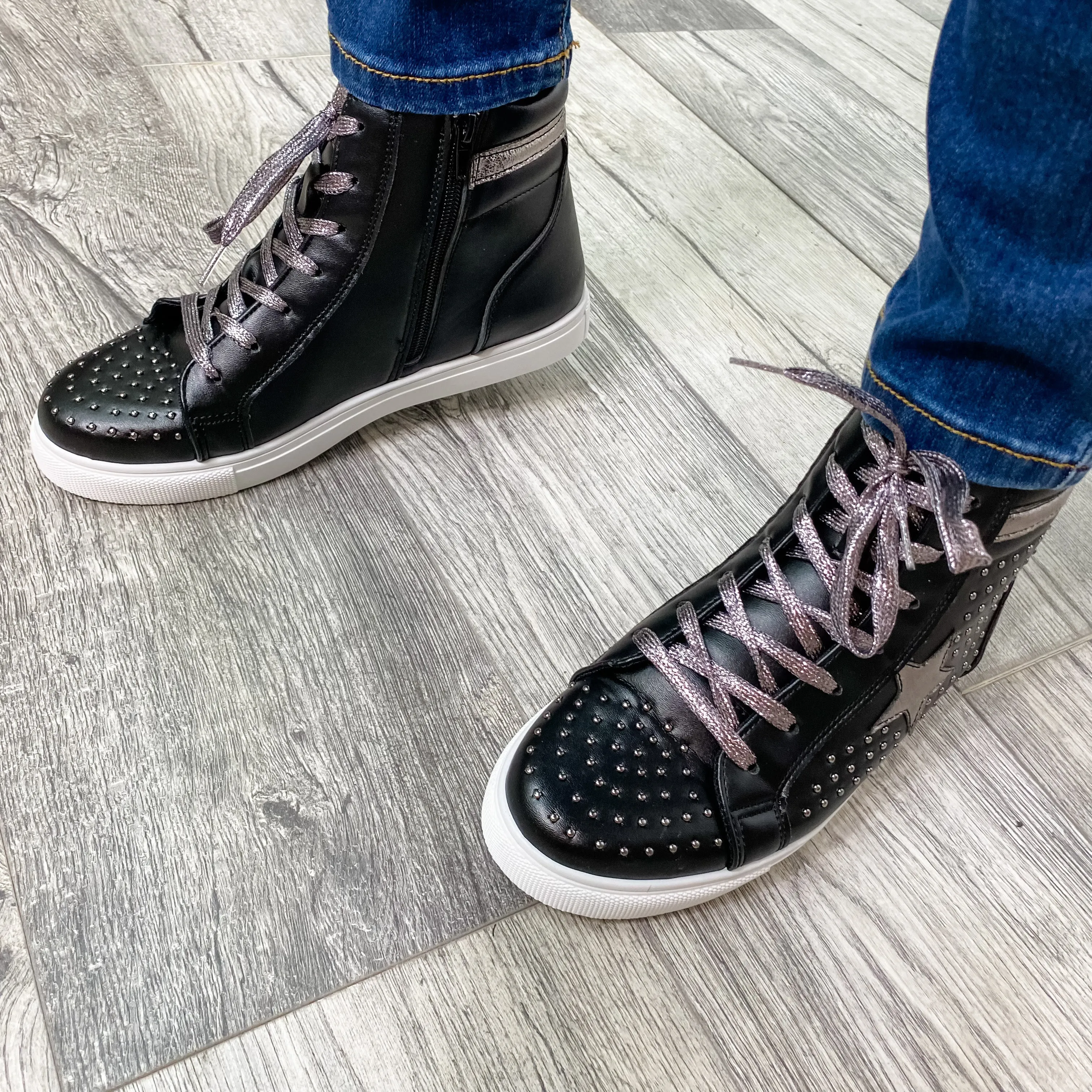 Pierre Dumas "Star Studded" High Top Side Zip Sneaker (Black and Pewter)