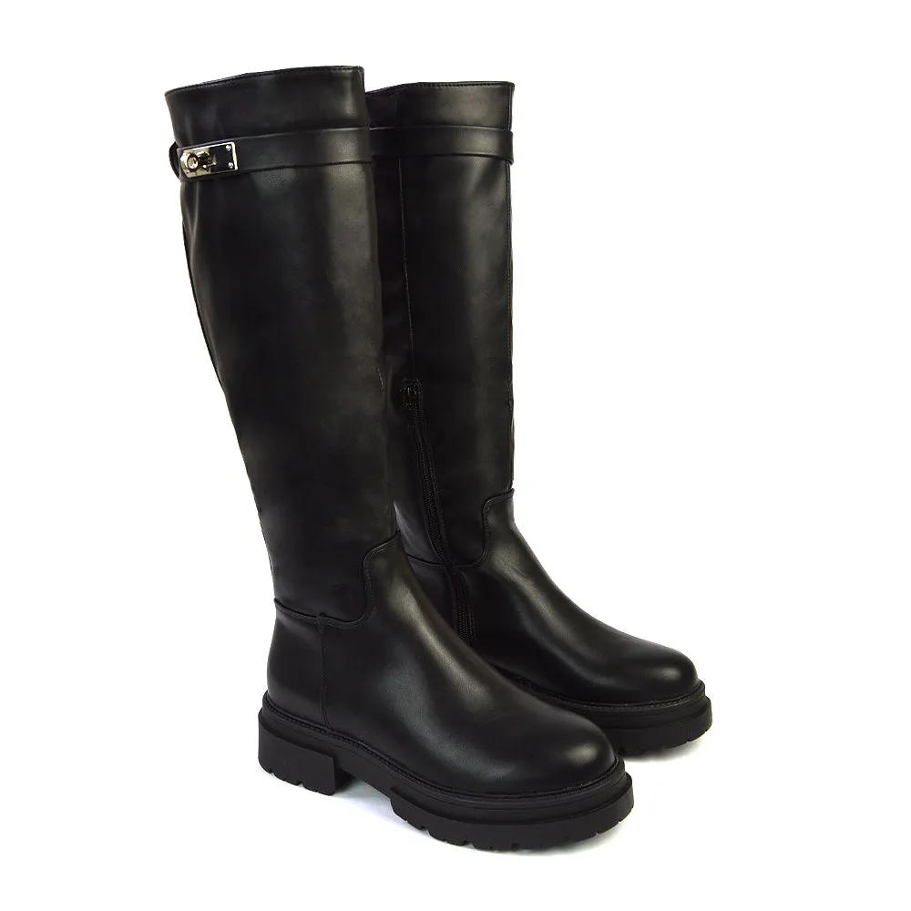 Pose Chunky Sole Buckle Knee High Biker Boots in Black Synthetic Leather