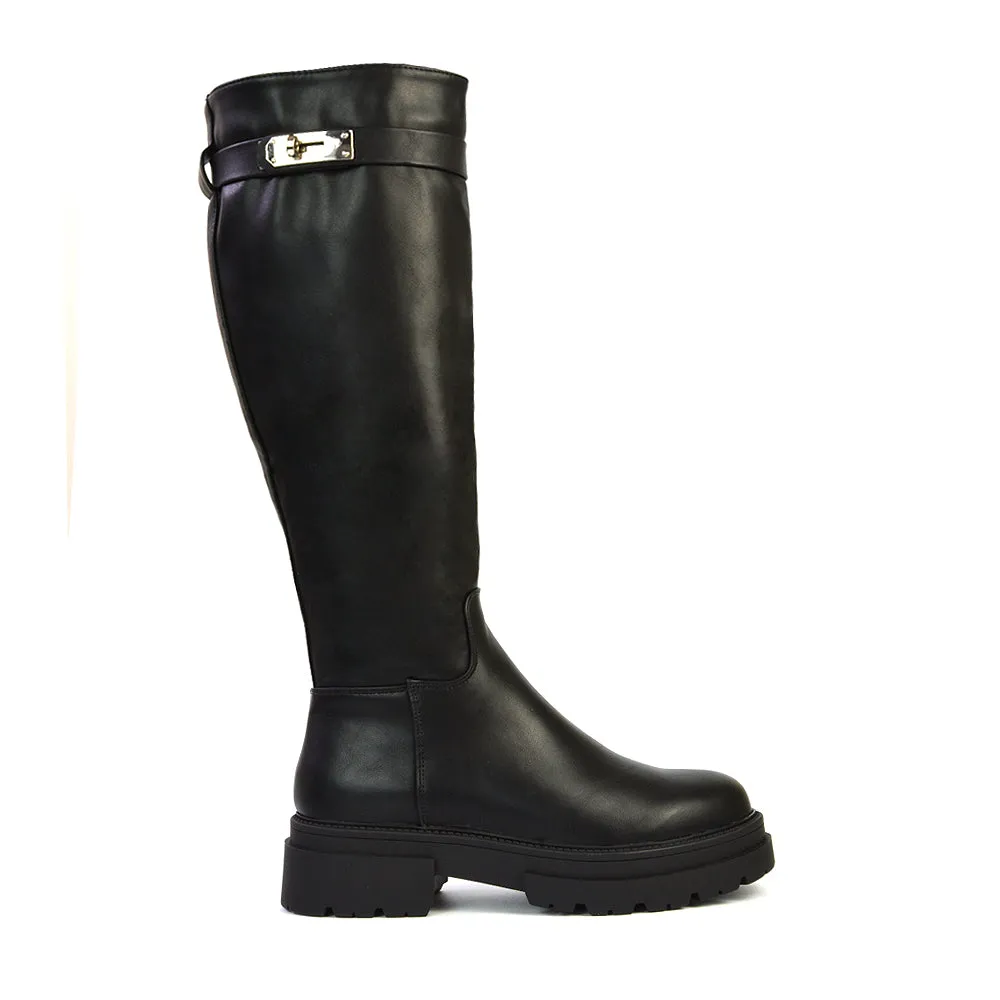 Pose Chunky Sole Buckle Knee High Biker Boots in Black Synthetic Leather