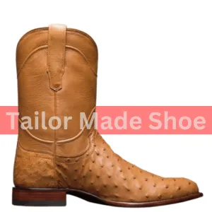 Pure Premium Quality Handmade Men's Tan Ostrich Print Leather Western Mexican Cowboy Boots