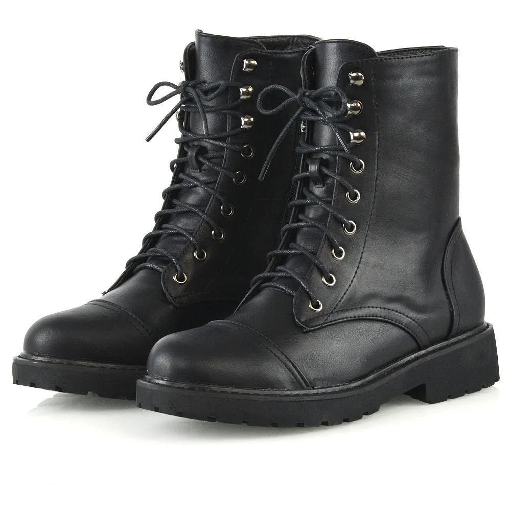 River Lace Up Military Combat Zip-up Flat Ankle Biker Boots In Black Synthetic Leather