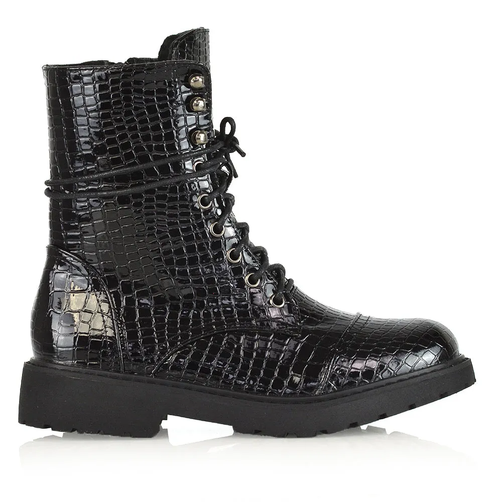 River Lace Up Military Combat Zip-up Flat Ankle Biker Boots In Black Synthetic Leather