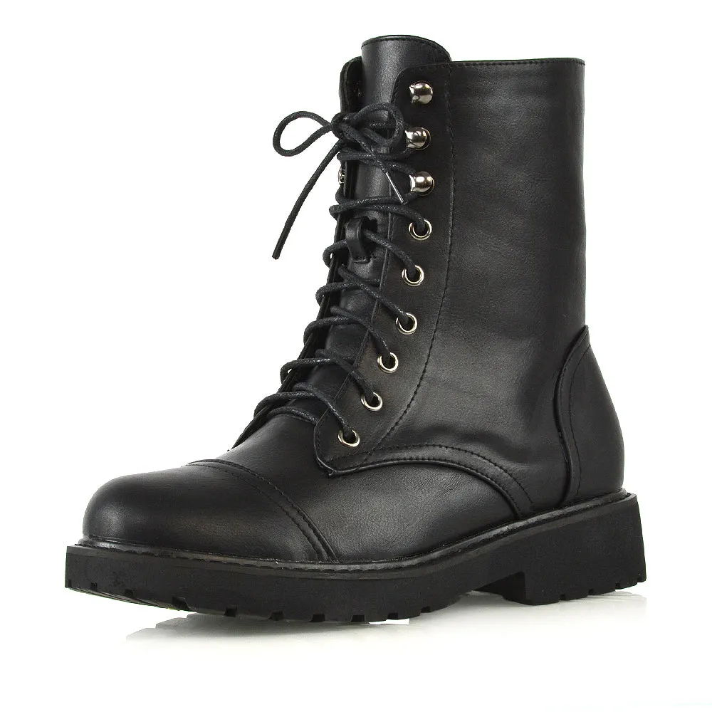 River Lace Up Military Combat Zip-up Flat Ankle Biker Boots In Black Synthetic Leather