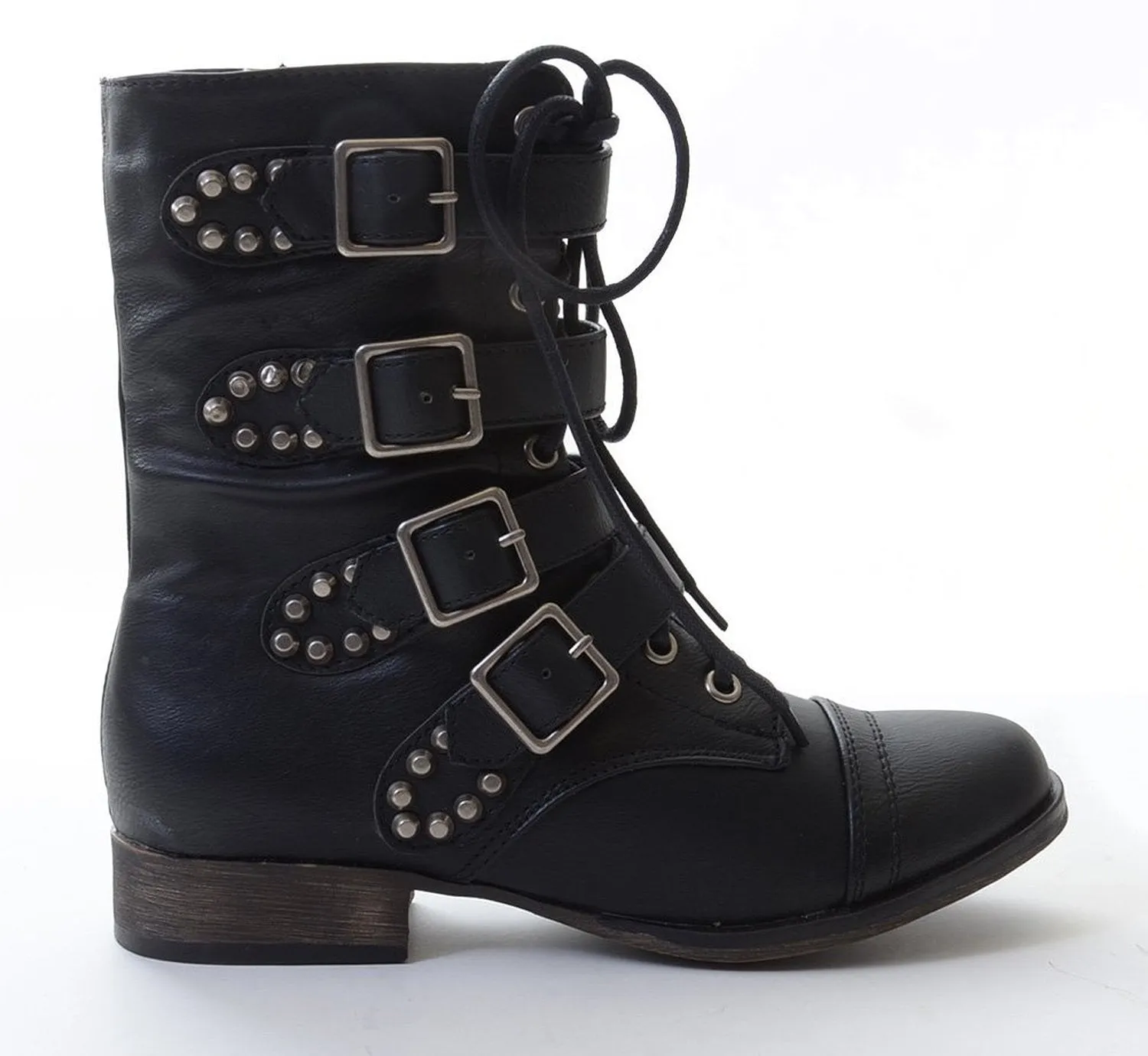 Rocker Chic Studded Buckle Lace-up Biker Bootie