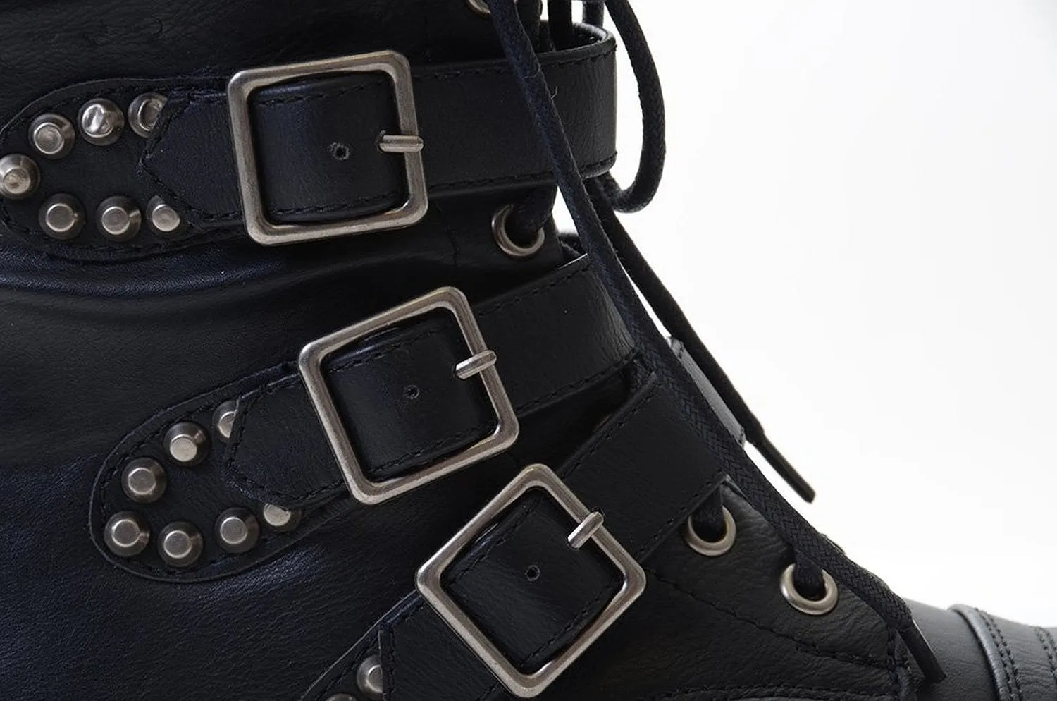 Rocker Chic Studded Buckle Lace-up Biker Bootie