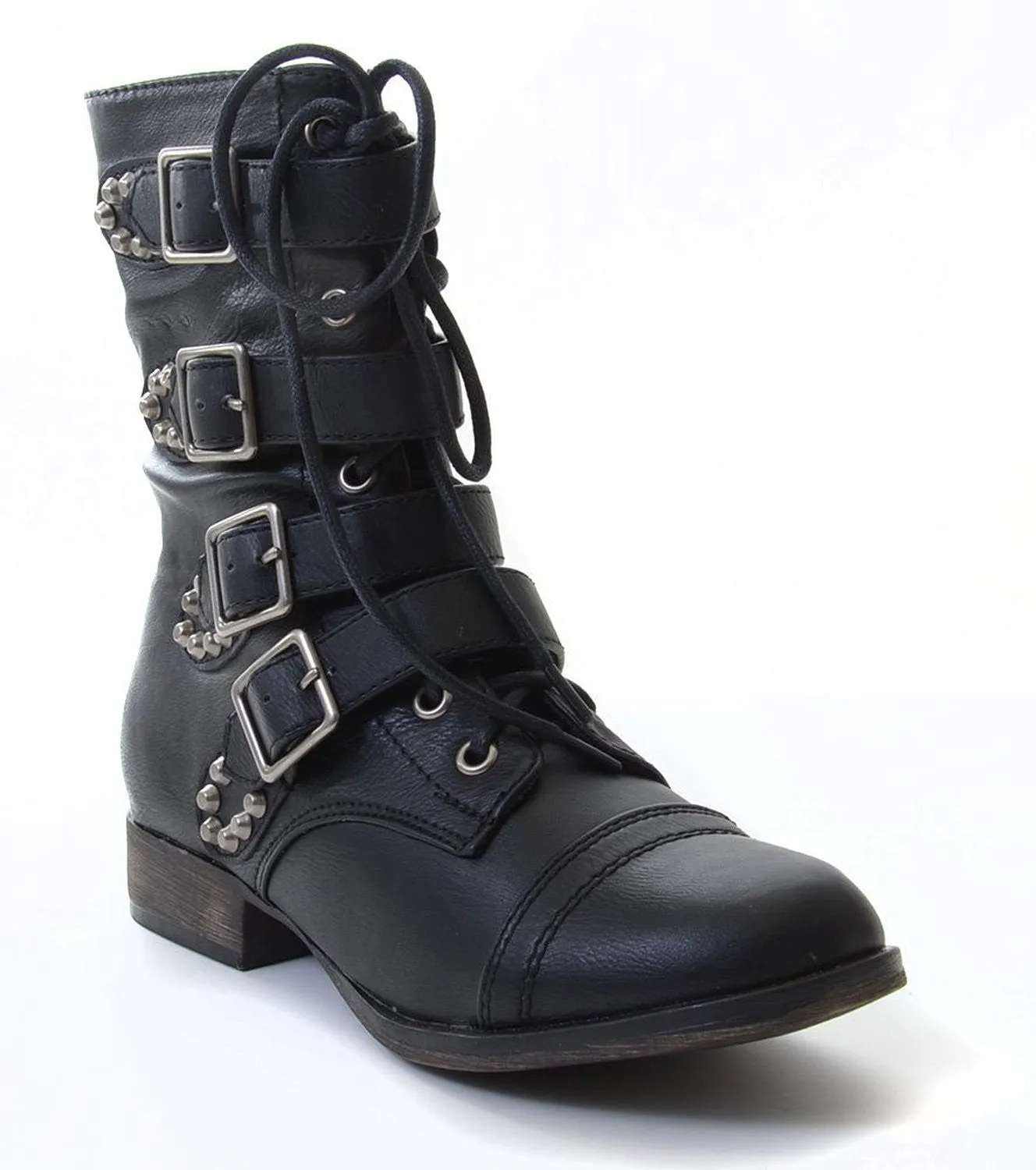 Rocker Chic Studded Buckle Lace-up Biker Bootie