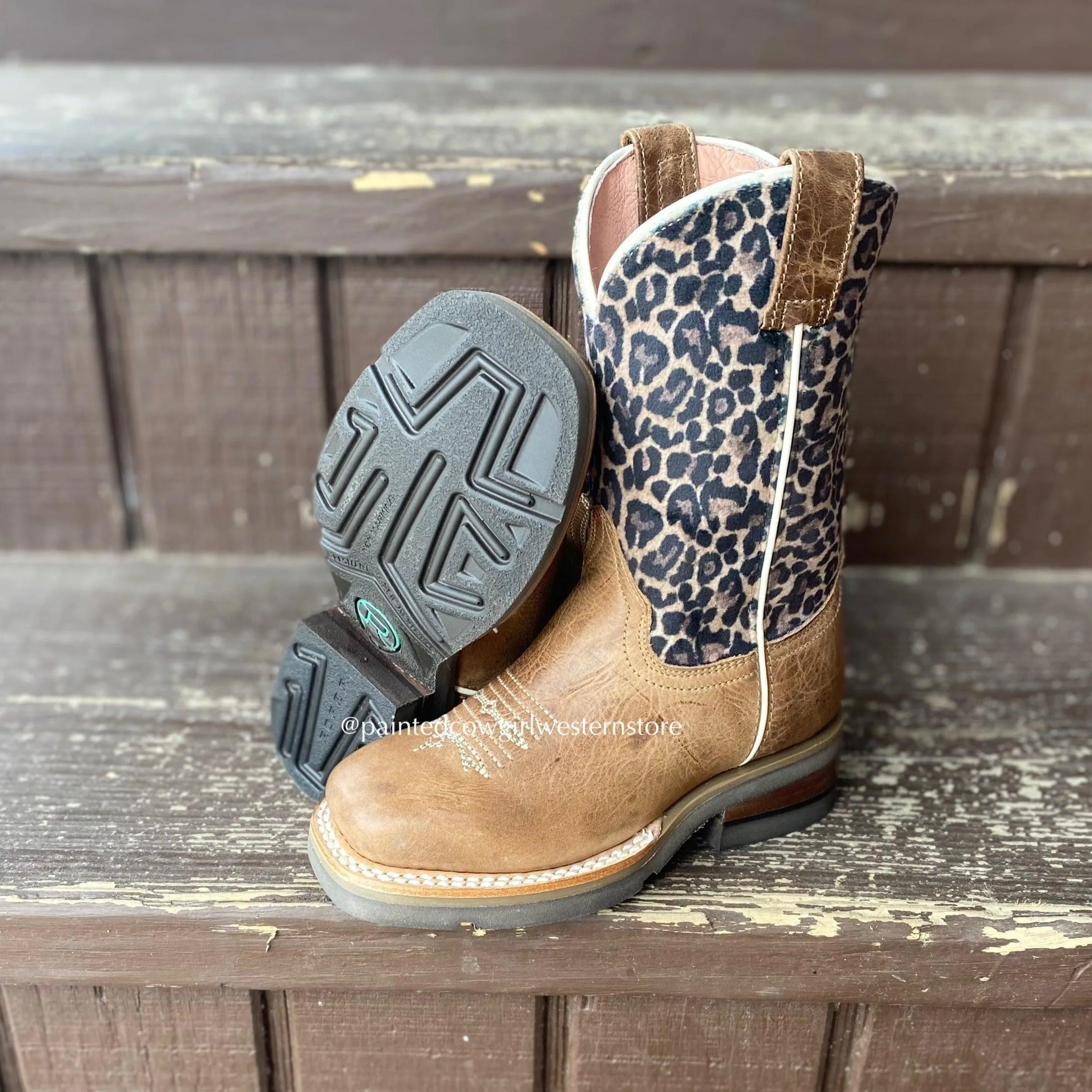 Roper Girl's Tan Leather & Leopard Print Square Toe Cowgirl Boots 7022-8260