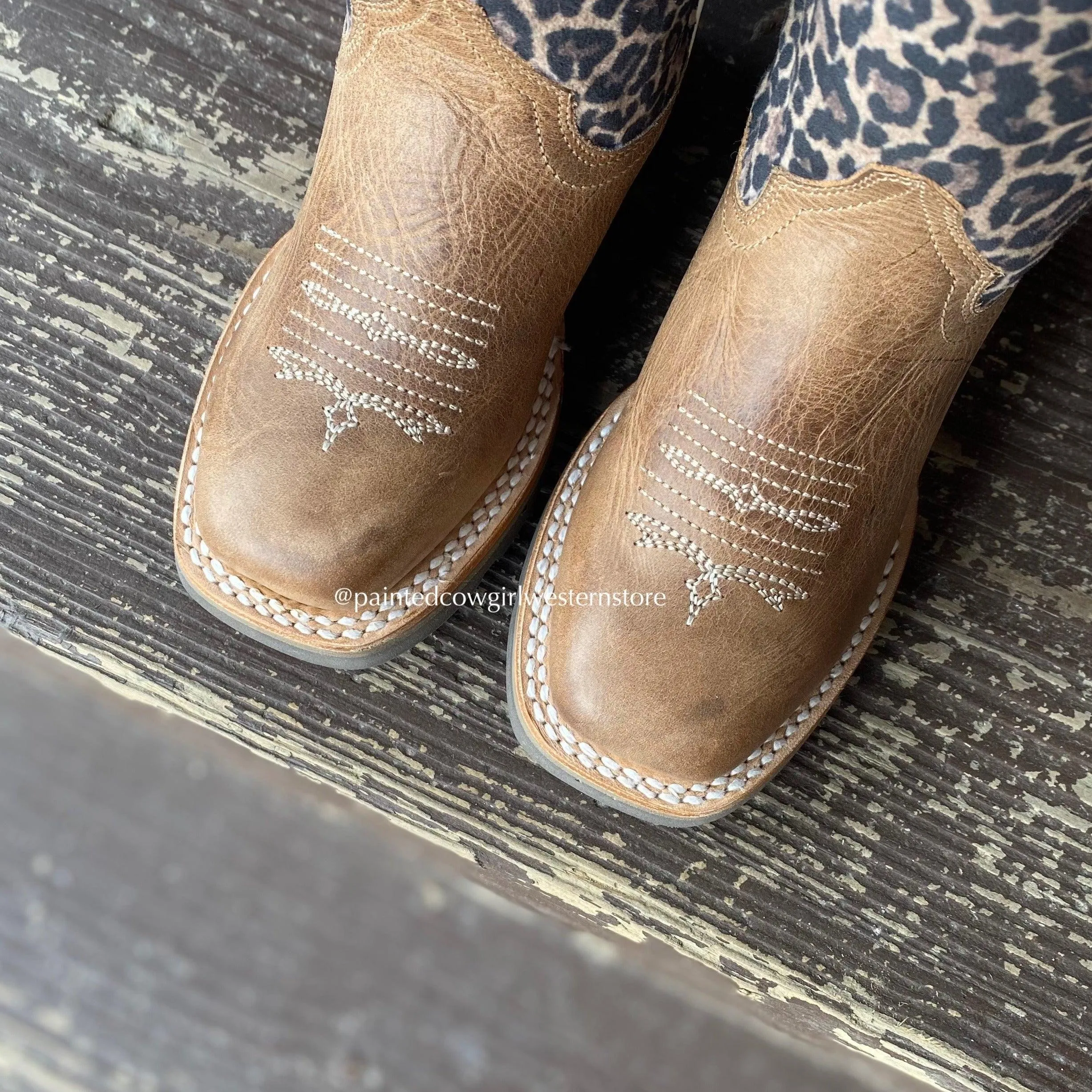 Roper Girl's Tan Leather & Leopard Print Square Toe Cowgirl Boots 7022-8260