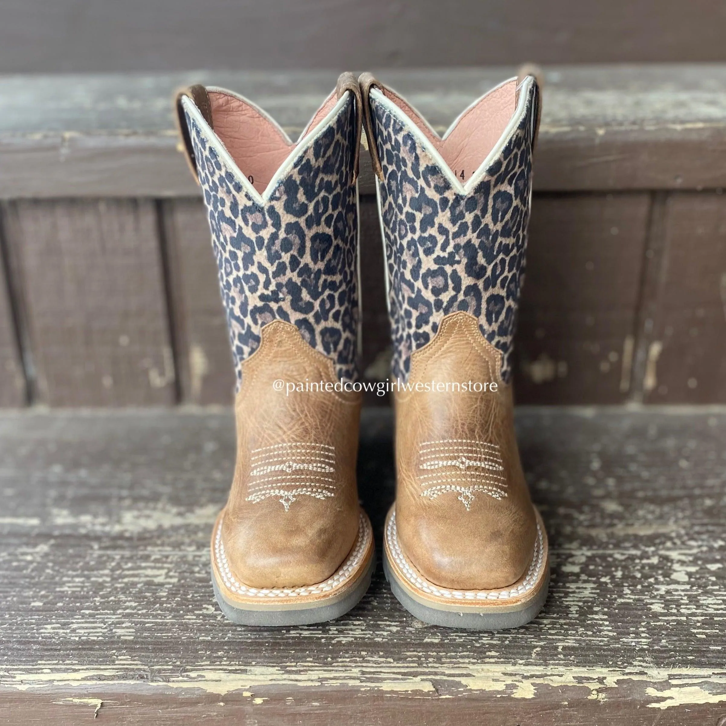 Roper Girl's Tan Leather & Leopard Print Square Toe Cowgirl Boots 7022-8260