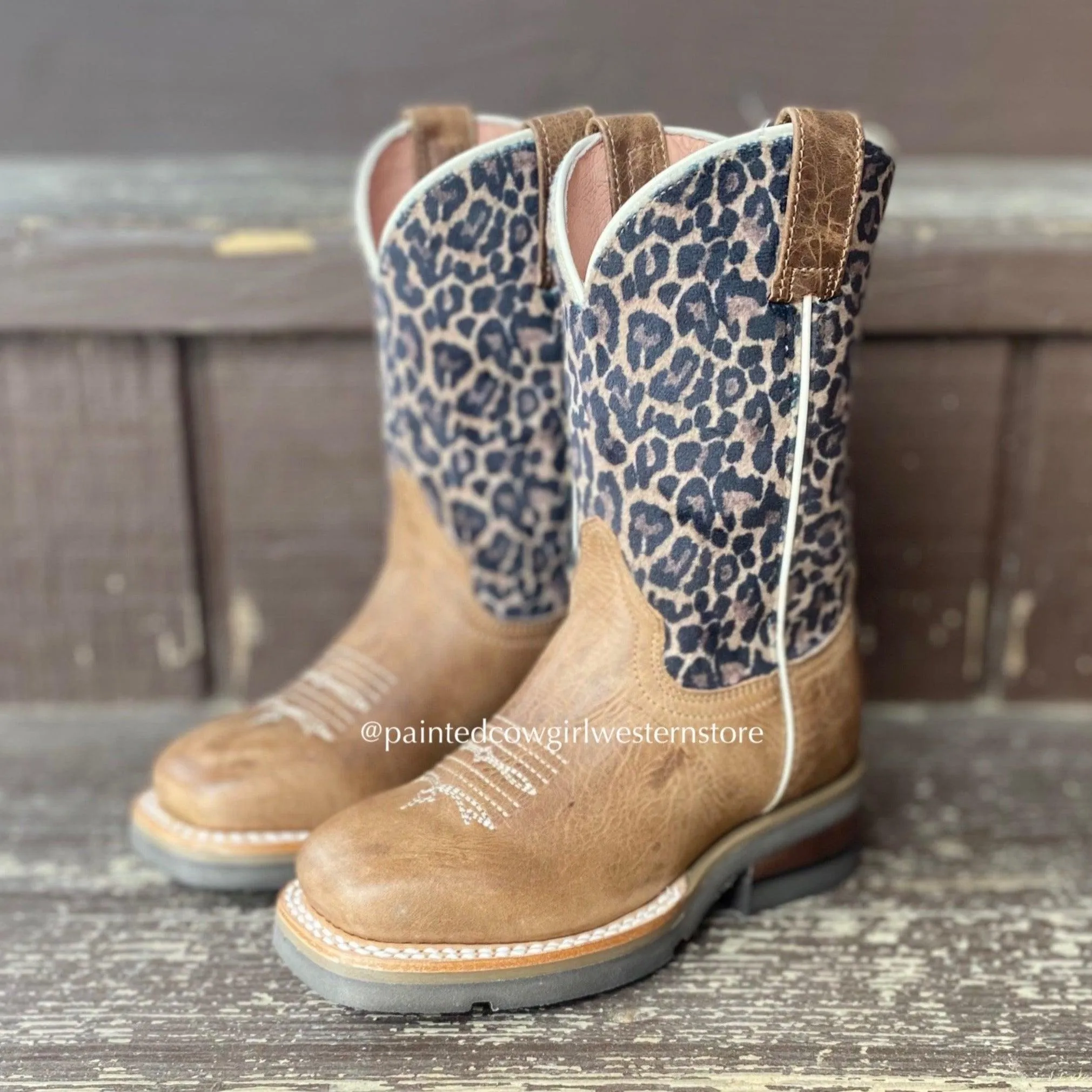 Roper Girl's Tan Leather & Leopard Print Square Toe Cowgirl Boots 7022-8260