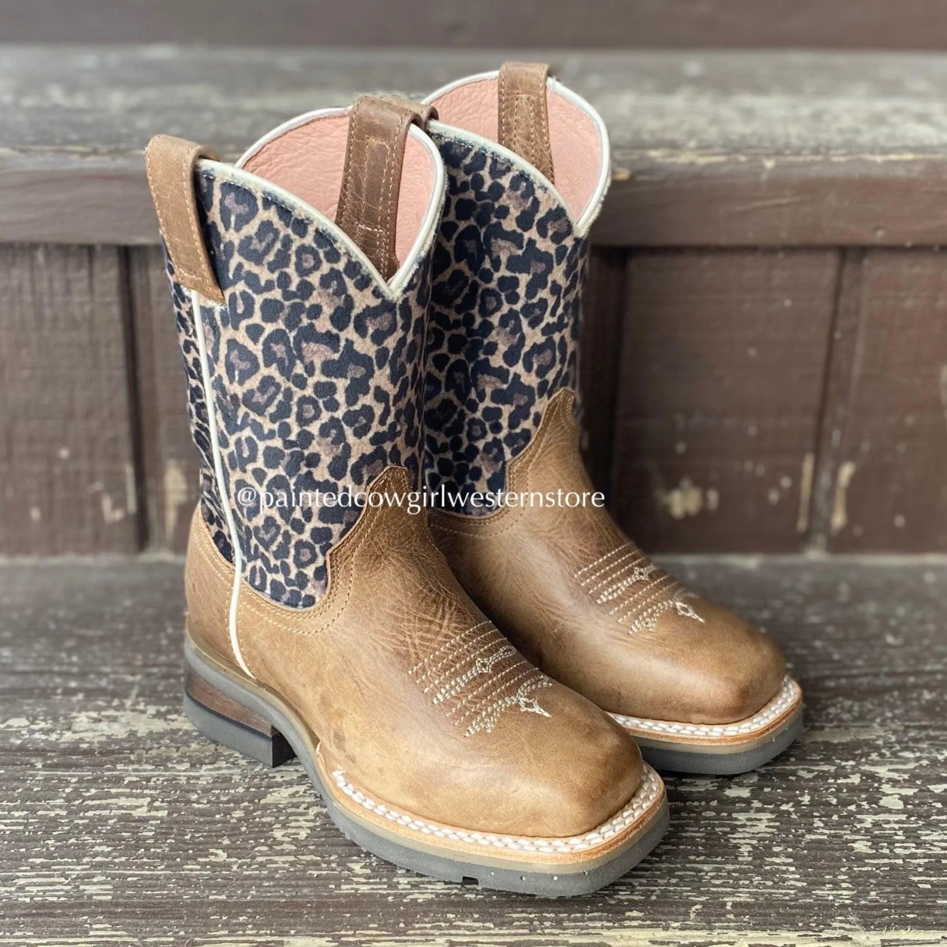 Roper Girl's Tan Leather & Leopard Print Square Toe Cowgirl Boots 7022-8260