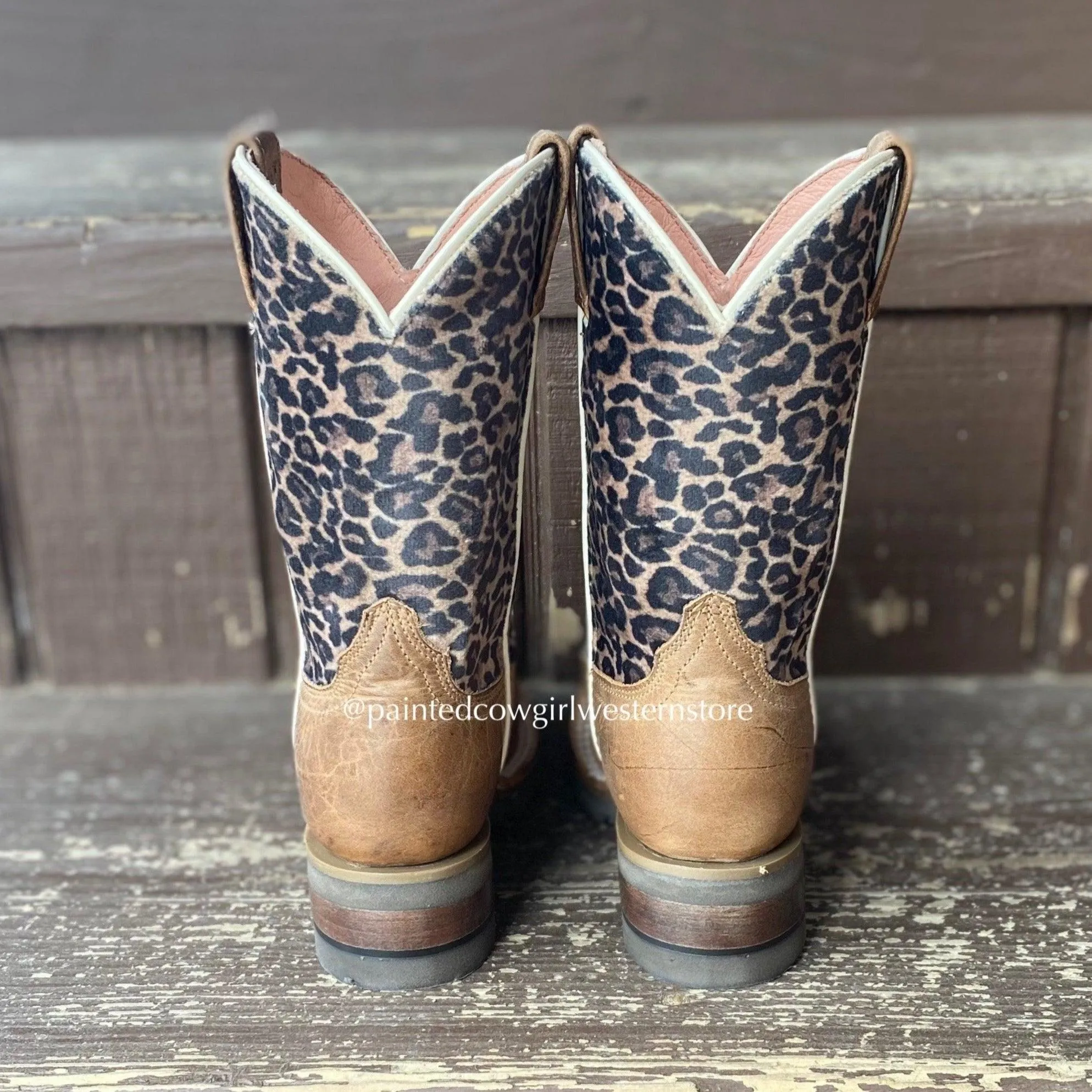 Roper Girl's Tan Leather & Leopard Print Square Toe Cowgirl Boots 7022-8260