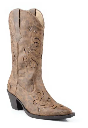 Roper Womens Tan Vintage Faux Leather 13in Self Glitter Western Boots