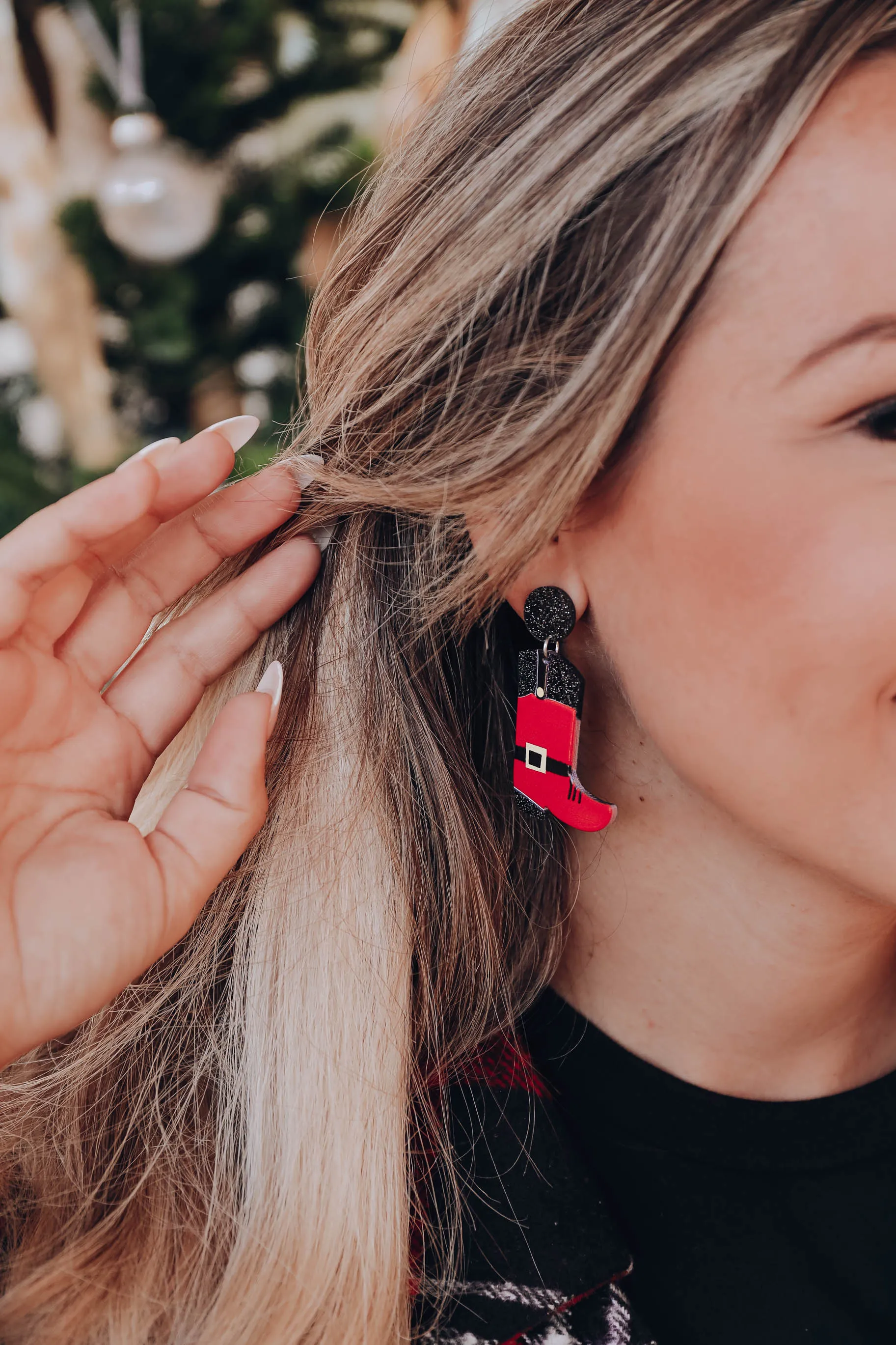 Santa's Cowboy Boot Glitter Earrings - Red