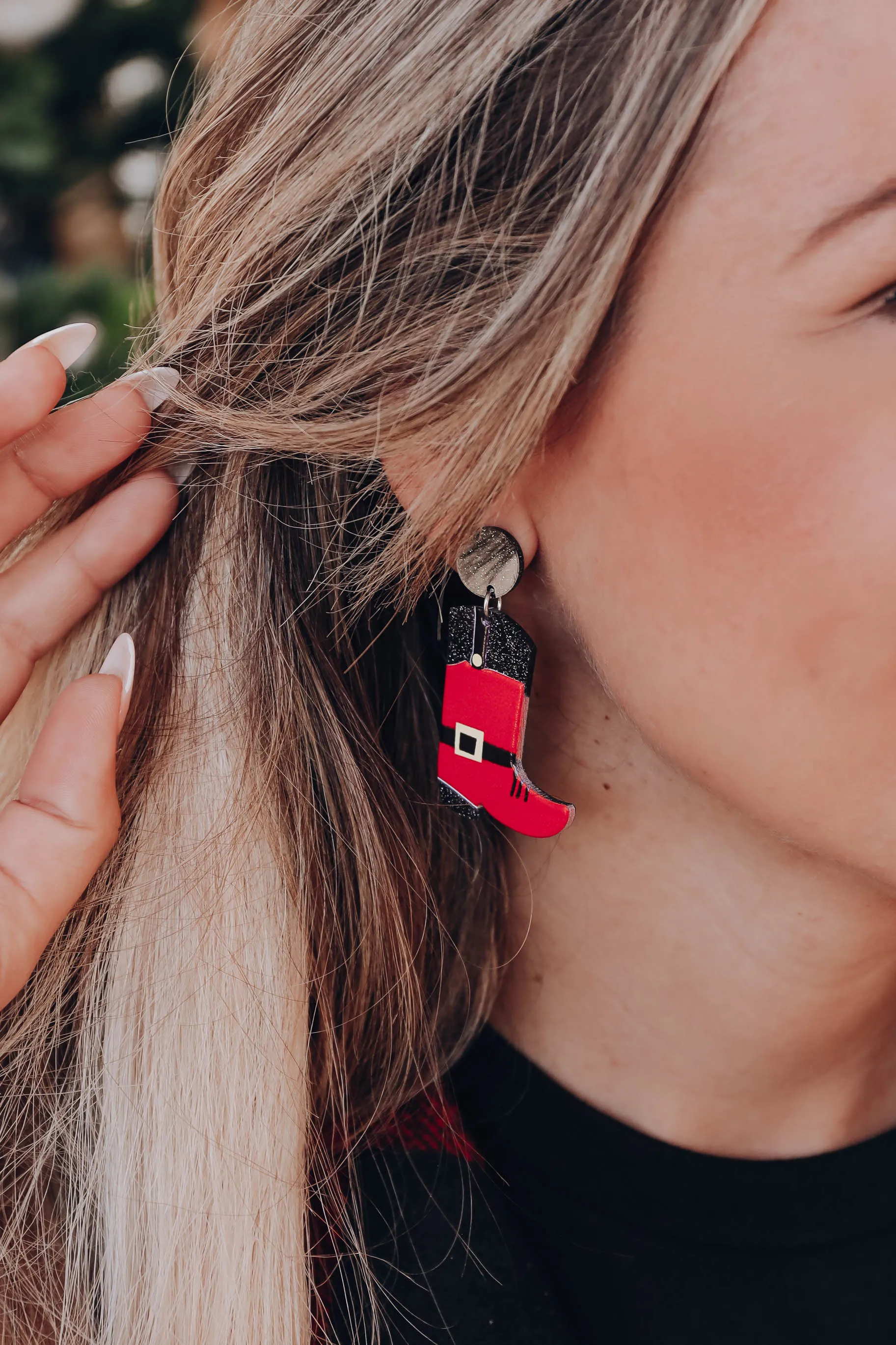 Santa's Cowboy Boot Glitter Earrings - Red