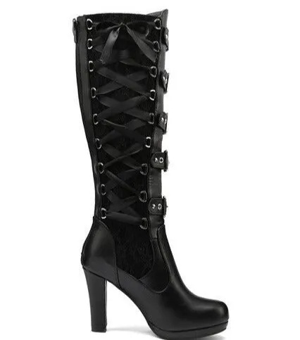 Sexy black chunky high heels bandage lace-up punk goth buckle straps boots