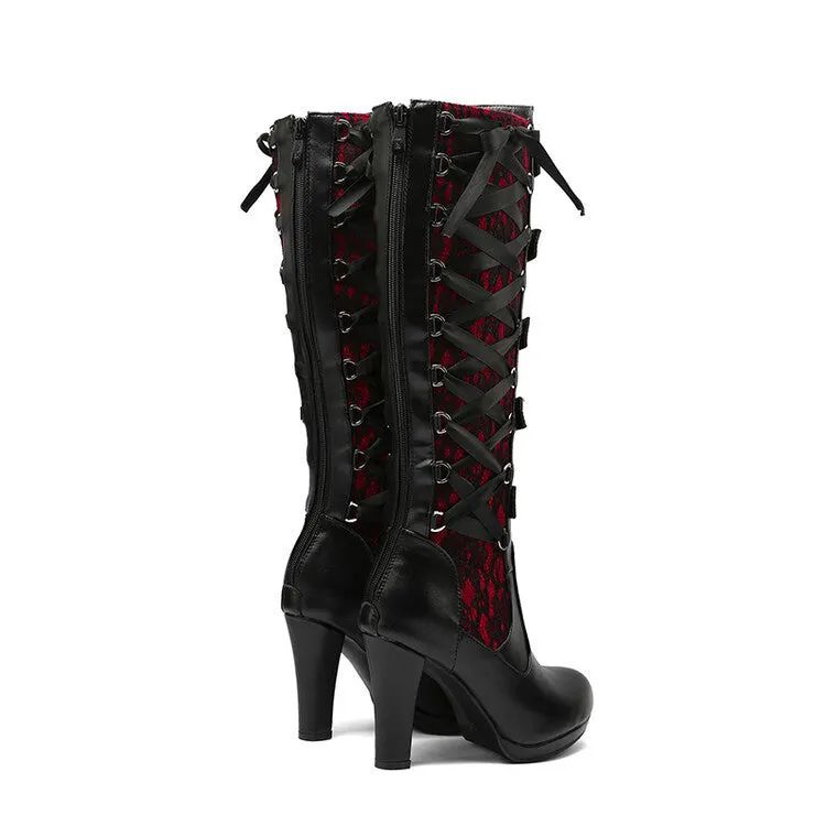 Sexy black chunky high heels bandage lace-up punk goth buckle straps boots