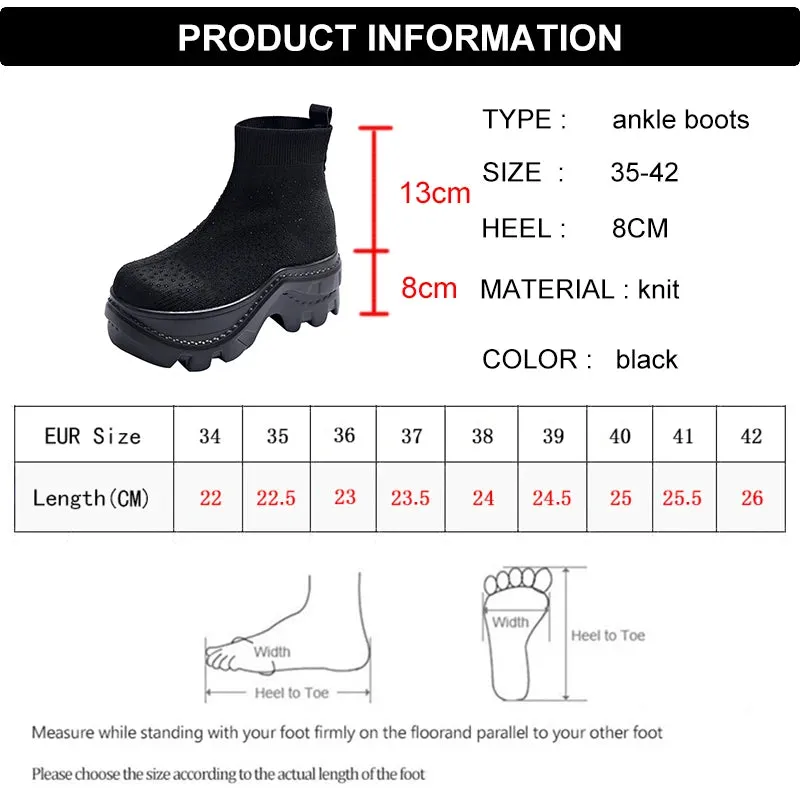 Sohiwoo Black Chunky Platform Ankle Boots Women Fashion Crystals Knitted Short Booties Mujer Punk Goth Thick Sole Motorcycle Boots Woman