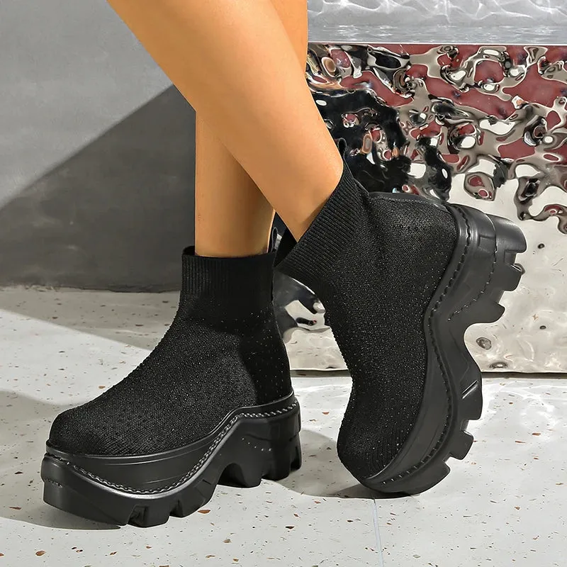 Sohiwoo Black Chunky Platform Ankle Boots Women Fashion Crystals Knitted Short Booties Mujer Punk Goth Thick Sole Motorcycle Boots Woman